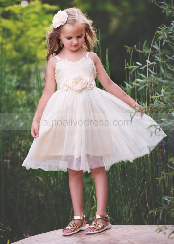 Spaghetti Straps Ivory Gold Sequin Tulle Boho Flower Girl Dress